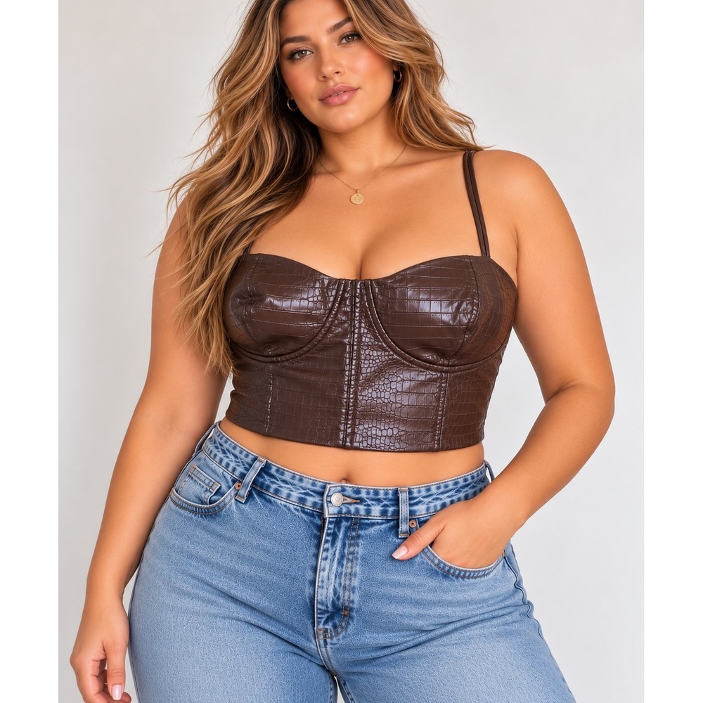 Express Body Contour XL Brown Croc Faux Leather Bustier Corset Y2K Layering Top